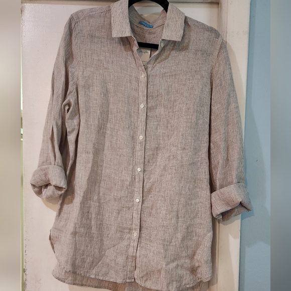 J.McLaughlin tan/white striped, large, Britt Linen Shirt - Picture 2 of 11